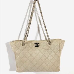 Auth Chanel 26 Quilted Riviera tote with Chain Straps beige burlap canvas CC